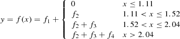 $$ \begin{aligned} { y} = f(x) = f_1 + {\left\{ \begin{array}{ll} 0&x \le 1.11 \\ f_2&1.11 < x \le 1.52 \\ f_2 + f_3&1.52 < x \le 2.04 \\ f_2 + f_3 + f_4&x > 2.04 \end{array}\right.} \end{aligned} $$