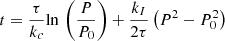 $$ \begin{aligned} t = \frac{\tau }{k_c} \mathrm{ln}\,\left(\frac{P}{P_0}\right) + \frac{k_I}{2 \tau } \left(P^2 - P_0^2\right) \end{aligned} $$