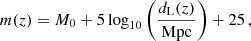 $$ \begin{aligned} m(z) = M_0+5\log _{10} \left(\frac{d_{\rm L}(z)}{\mathrm{Mpc}}\right)+25\, , \end{aligned} $$