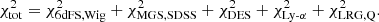 $$ \begin{aligned} \chi ^2_{\rm tot}=\chi ^2_{\rm 6dFS,Wig}+ \chi ^2_{\rm MGS,SDSS} + \chi ^2_{\rm DES} +\chi ^2_{\text{Ly-}\alpha }+\chi ^2_{\rm LRG,Q}. \end{aligned} $$