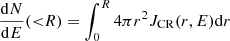 $$ \begin{aligned} \frac{\mathrm{d}N}{\mathrm{d}E}({ < }R) = \int _0^R 4 \pi r^2 J_{\rm CR} (r, E)\mathrm{d}r \end{aligned} $$