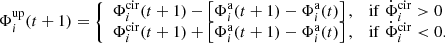 $$ \begin{aligned} \Phi _{i}^\mathrm{up}(t+1) = {\left\{ \begin{array}{ll} \Phi _{i}^\mathrm{cir}(t+1) - \left[\Phi _{i}^\mathrm{a}(t+1)-\Phi _{i}^\mathrm{a}(t)\right],&\mathrm{if} \; \dot{\Phi }_{i}^\mathrm{cir} > 0\\ \Phi _{i}^\mathrm{cir}(t+1) + \left[\Phi _{i}^\mathrm{a}(t+1)-\Phi _{i}^\mathrm{a}(t)\right],&\mathrm{if} \; \dot{\Phi }_{i}^\mathrm{cir} < 0. \end{array}\right.} \end{aligned} $$