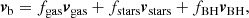 $$ \begin{aligned} {\boldsymbol{v}}_{\mathrm{b} } = f_{\mathrm{gas} }{\boldsymbol{v}}_{\mathrm{gas} } + f_{\mathrm{stars} }{\boldsymbol{v}}_{\mathrm{stars} } + f_{\mathrm{BH} }{\boldsymbol{v}}_{\mathrm{BH} } , \end{aligned} $$