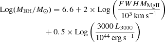 $$ \begin{aligned}&\mathrm{Log}(M_{\rm BH}/M_{\odot }) = 6.6 + 2\times \mathrm{Log}\left(\frac{FWHM_{\rm MgII}}{10^3\, \mathrm{km\, s}^{-1}}\right)\nonumber \\ &\qquad \qquad \quad \qquad + 0.5\times \mathrm{Log}\left(\frac{3000\, L_{3000}}{10^{44} \,\mathrm{erg\, s}^{-1}}\right) \end{aligned} $$