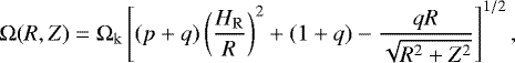 \begin{equation*}\Omega(R,Z) = \Omega_{\mathrm{k}} \left[ (p&#x002B;q) \left(\frac{H_{\mathrm{R}}}{R} \right)^{2} &#x002B; (1&#x002B;q) - \frac{qR}{\sqrt{R^2 &#x002B; Z^2} } \right]^{1/2}, \end{equation*}