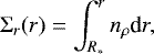 \begin{equation*} \Sigma_{r} (r) = \int_{R_{\mathrm{*}}}^{r} n_{\mathrm{\rho}} \textrm{d}r, \end{equation*}