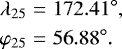 \begin{eqnarray*} \lambda_{25} &=& 172.41^{\circ}, \nonumber \\ \varphi_{25} &=& 56.88^{\circ}. \nonumber \end{eqnarray*}