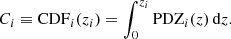 $$ \begin{aligned} C_{i}\equiv \mathrm{CDF}_{i}(z_{i}) = \int _{0}^{z_{i}} \mathrm{PDZ}_{i}(z) \,\mathrm{d}z. \end{aligned} $$