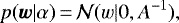 \begin{equation*} p(\vec{w}|\mathbf{\alpha})\,{=}\,\mathcal{N}(w|0,A^{-1}) ,\end{equation*}