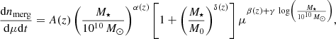 $$ \begin{aligned} \frac{\mathrm{d} n_{\mathrm{merg}}}{\mathrm{d} \mu \mathrm{d} t} = A(z)\left(\frac{M_{\star }}{10^{10}\,M_{\odot }}\right)^{\alpha (z)}\left[1+\left(\frac{M_{\star }}{M_0}\right)^{\delta (z)}\right]\mu ^{\beta (z)+\gamma \,\log \left(\frac{M_{\star }}{10^{10}\,M_{\odot }}\right)} \mathrm{,} \end{aligned} $$
