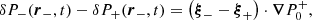 $$ \begin{aligned} \delta P_-(\boldsymbol{r}_-,t) - \delta P_+(\boldsymbol{r}_-,t) = \left(\boldsymbol{\xi }_- - \boldsymbol{\xi }_+\right) \cdot \boldsymbol{\nabla }P_0^+, \end{aligned} $$