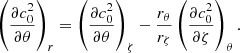 $$ \begin{aligned}&\left(\frac{\partial c_0^2}{\partial \theta }\right)_{r} = \left(\frac{\partial c_0^2}{\partial \theta }\right)_{\zeta } - \frac{r_{\theta }}{r_{\zeta }}\left(\frac{\partial c_0^2}{\partial \zeta }\right)_{\theta }. \end{aligned} $$