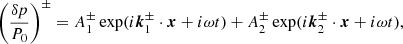 $$ \begin{aligned} \left(\frac{\delta p}{P_0}\right)^{\pm } = A_1^{\pm } \exp (i \boldsymbol{k}_1^{\pm } \cdot \boldsymbol{x} + i\omega t) + A_2^{\pm } \exp (i \boldsymbol{k}_2^{\pm } \cdot \boldsymbol{x} + i\omega t), \end{aligned} $$