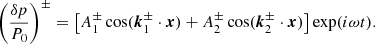 $$ \begin{aligned} \left(\frac{\delta p}{P_0}\right)^{\pm } = \left[A_1^{\pm } \cos (\boldsymbol{k}_1^{\pm } \cdot \boldsymbol{x}) + A_2^{\pm } \cos (\boldsymbol{k}_2^{\pm } \cdot \boldsymbol{x}) \right] \exp (i\omega t). \end{aligned} $$