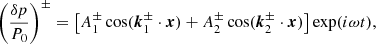 $$ \begin{aligned} \left(\frac{\delta p}{P_0}\right)^{\pm } = \left[A_1^{\pm } \cos (\boldsymbol{k}_1^{\pm } \cdot \boldsymbol{x}) + A_2^{\pm } \cos (\boldsymbol{k}_2^{\pm } \cdot \boldsymbol{x}) \right] \exp (i\omega t), \end{aligned} $$