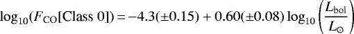 \begin{equation*} \log_{10}(F_{\textrm{CO}}[{\textrm{Class}\ 0}])\,{=}\,{-}4.3({\pm}0.15) + 0.60({\pm}0.08)\log_{10}\left(\frac{{L}_{\textrm{bol}}}{{L}_{\odot}}\right) \end{equation*}