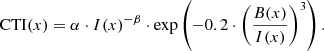 $$ \begin{aligned} \mathrm{CTI}(x) = \alpha \cdot I(x)^{-\beta } \cdot \mathrm{exp}\left( -0.2 \cdot \left( \frac{B(x)}{I(x)} \right)^{3} \right) . \end{aligned} $$