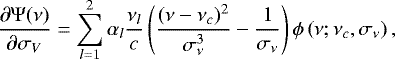 \begin{equation*} \frac{\partial \Psi(\nu)}{\partial \sigma_{V}}= \sum_{l=1}^2 \alpha_l \frac{\nu_l}{c} \left(\frac{(\nu-\nu_c)^2}{\sigma_{\nu}^3}-\frac{1}{\sigma_{\nu}}\right) \phi \left(\nu;\nu_c, \sigma_{\nu}\right), \end{equation*}