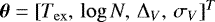 ${\bm{\theta}}=[T_{\mathrm{ex}},\, \log N,\,\Delta_{V},\,\sigma_{V}]^T$