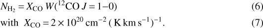 \begin{align*} &N_{{\textrm{H}_2}} \,{=}\, {{X_{\textrm{CO}}}} \, W({^{12}\textrm{CO}}\,J\,{=}\,1{-}0) \\ & \mbox{with} \ \ {{X_{\textrm{CO}}}} \,{=}\, 2\,{\times}\,10^{20} {{\,\rm cm}^{-2}}\,(\textrm{\,K}{{\,\rm km\,s}^{-1}})^{-1}. \end{align*}