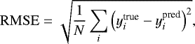 \[ \mathrm{RMSE} = \sqrt{ \frac{1}{N} \sum_i \left(y_i^{\textrm{true}} - y_i^{\textrm{pred}}\right)^2 }, \]