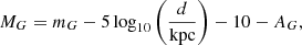 $$ \begin{aligned} M_G = m_G - 5\log _{10}\left(\frac{d}{\mathrm{kpc}}\right) - 10 - A_G, \end{aligned} $$