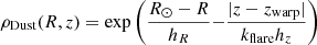 $$ \begin{aligned} \rho _{\rm Dust}(R,z) = \exp {\bigg (\frac{R_\odot -R}{h_R}} {-\frac{|z-z_{\rm warp}|}{k_{\rm flare}h_z}\bigg )} \end{aligned} $$