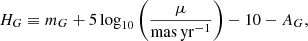 $$ \begin{aligned} H_G \equiv m_G + 5\log _{10}\left(\frac{\mu }{\mathrm{mas\,yr}^{-1}}\right) - 10 - A_G, \end{aligned} $$