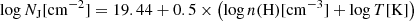 $$ \begin{aligned} \log N_{\rm J} [\mathrm{cm} ^{-2}] = 19.44 + 0.5 \times \left( \log n(\mathrm{H} ) [\mathrm{cm} ^{-3}] + \log T [\mathrm{K} ] \right) \end{aligned} $$