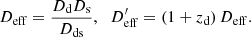 $$ \begin{aligned}&D_{\rm eff}= \frac{D_{\rm d}D_{\rm s}}{D_{\rm ds}} {,} \quad {D_{\rm eff}^\prime} = (1+z_{\rm d})\,D_{\rm eff}{.} \end{aligned} $$