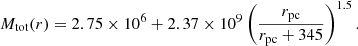 $$ \begin{aligned} M_{\rm tot}(r) = 2.75 \times 10^{6} +2.37 \times 10^{9} \left(\frac{r_{\rm pc}}{r_{\rm pc}+345} \right)^{1.5} . \end{aligned} $$