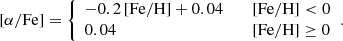 $$ \begin{aligned} \mathrm{[\alpha /Fe]} = {\left\{ \begin{array}{ll} -0.2\,\mathrm{[Fe/H]} + 0.04&\quad \mathrm{[Fe/H]} < 0 \\ 0.04&\quad \mathrm{[Fe/H]} \ge 0 \end{array}\right.}. \end{aligned} $$