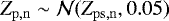 Mathematical equation: \begin{align*} {Z_{\mathrm{p,n}}} &\sim \mathcal{N}({Z_{\mathrm{ps,n}}}, 0.05) \end{align*}