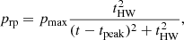 $$ \begin{aligned} p_{\rm rp}=p_{\rm max} \frac{t_{\rm HW}^2}{(t-t_{\rm peak})^2+t_{\rm HW}^2} , \end{aligned} $$