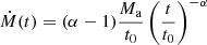 $$ \begin{aligned} \dot{M} (t) = (\alpha -1)\frac{M_\mathrm{a} }{t_0}\left(\frac{t}{t_0}\right)^{-\alpha } \end{aligned} $$