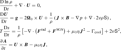 $$ \begin{aligned}&\frac{\mathrm{D} \ln \rho }{\mathrm{D} t} + \nabla \cdot {\boldsymbol{U}} = 0,\nonumber \\&\frac{\mathrm{D} {\boldsymbol{U}}}{\mathrm{D} t} = {\boldsymbol{g}} - 2 \boldsymbol{\Omega }_0 \times {\boldsymbol{U}} + \frac{1}{\rho } \left( {\boldsymbol{J}} \times {\boldsymbol{B}} - \nabla p + \nabla \cdot 2\nu \rho {\mathsf{S }} \right),\nonumber \\&T\frac{\mathrm{D} s}{\mathrm{D} t} = \frac{1}{\rho } \left[ - \nabla \cdot \left( {\boldsymbol{F}}^\mathrm{rad} + {\boldsymbol{F}}^\mathrm{SGS} \right) + \mu _0 \eta {\boldsymbol{J}}^2 -\Gamma _{\rm cool}\right] + 2\nu {\mathsf{S }}^2,\nonumber \\&\frac{\partial {\boldsymbol{A}}}{\partial t} = {\boldsymbol{U}} \times {\boldsymbol{B}} - \mu _0 \eta {\boldsymbol{J}}, \end{aligned} $$