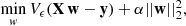 $$ \begin{aligned} \min _{w}V_{\epsilon }( \mathbf X \,\mathbf w - \mathbf y ) + \alpha {||\mathbf w ||}_{2}^{2}, \end{aligned} $$