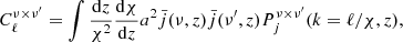 $$ \begin{aligned} C_\ell ^{\nu \times \nu ^{\prime }} = \int \frac{\mathrm{d}z}{\chi ^2} \frac{\mathrm{d}\chi }{\mathrm{d}z}a^2 \bar{j}(\nu ,z) \bar{j}(\nu ^{\prime },z)P_j^{\nu \times \nu ^{\prime }}(k = \ell /\chi , z), \end{aligned} $$