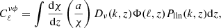 $$ \begin{aligned} C_\ell ^{\nu \phi } = \int \frac{\mathrm{d}\chi }{\mathrm{d}z} \left(\frac{a}{\chi }\right) D_\nu (k, z) \Phi (\ell , z) P_{\rm lin}(k, z) \mathrm{d}z, \end{aligned} $$