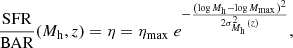 $$ \begin{aligned} \frac{\mathrm{SFR}}{\mathrm{BAR}} (M_{\rm h}, z) = \eta = \eta _{\rm max}\; e^{-\frac{\left(\log {M_{\rm h}}-\log {M_{\rm max}}\right)^2}{2\sigma ^2_{M_{\rm h}}(z)}}, \end{aligned} $$