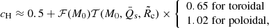 $$ \begin{aligned} c_\mathrm{H} \approx 0.5+ \mathcal{F} (M_0)\mathcal{T} (M_0,\bar{Q} _\mathrm{s} ,\tilde{R} _\mathrm{c} )\times {\left\{ \begin{array}{ll} 0.65\;\mathrm{for\; toroidal}\\ 1.02\; \mathrm{for\; poloidal},\end{array}\right.}\\ \end{aligned} $$