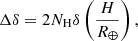 $$ \begin{aligned} \Delta \delta = 2 N_{\rm H} \delta \left(\frac{H}{R_\oplus } \right), \end{aligned} $$