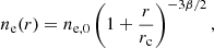 Mathematical equation: $$ \begin{aligned} n_{\rm e}(r) = n_{\rm e,0} \left(1+\frac{r}{r_{\rm c}}\right)^{-3\beta /2}, \end{aligned} $$