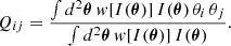 $$ \begin{aligned} Q_{ij} = \frac{\int d^2\boldsymbol{\theta } \, w[I(\boldsymbol{\theta })] \, I(\boldsymbol{\theta }) \, \theta _i\,\theta _j }{ \int d^2\boldsymbol{\theta } \, w[I(\boldsymbol{\theta })] \, I(\boldsymbol{\theta }) } . \end{aligned} $$