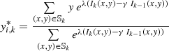 $$ \begin{aligned} { y}_{i,k}^* = \frac{\sum \limits _{(x,{ y})\in \mathbb{S} _k} { y}\, e^{\lambda \left( I_k(x,{ y}) -\gamma \, I_{k-1}(x,{ y})\right) }}{\sum \limits _{(x,{ y})\in \mathbb{S} _k} e^{\lambda \left( I_k(x,{ y}) -\gamma \, I_{k-1}(x,{ y})\right) }} \end{aligned} $$