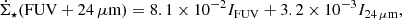 $$ \begin{aligned} \dot{\Sigma }_{\star }(\mathrm{FUV}+24\,\mathrm{\mu m}) = 8.1 \times 10^{-2} I_{\rm FUV} + 3.2 \times 10^{-3}I_{\rm 24\,\mu m}, \end{aligned} $$