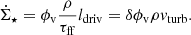 $$ \begin{aligned} \dot{\Sigma }_\star = \phi _{\mathrm{v}} \frac{\rho }{\tau _{\mathrm{ff}}} l_{\mathrm{driv}} = \delta \phi _{\mathrm{v}} \rho { v}_{\mathrm{turb}}. \end{aligned} $$