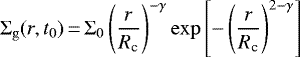 \begin{equation*} \Sigma_{\mathrm{g}}(r,t_0)\,{=}\,\Sigma_0\left(\frac{r}{R_{\textrm{c}}}\right)^{-\gamma} \exp\left[-\left(\frac{r}{R_{\textrm{c}}}\right)^{2-\gamma}\right]\end{equation*}
