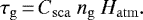 \begin{equation*} \tau_{\mathrm{g}}\,{=}\,C_{\mathrm{sca}}\ n_{\mathrm{g}}\ H_{\mathrm{atm}}. \end{equation*}