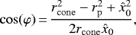 \begin{equation*} \cos(\varphi)\,{=}\,\frac{r_{\mathrm{cone}}^2 - r_{\mathrm{p}}^2 + \hat{x}_0^2}{2 r_{\mathrm{cone}} \hat{x}_0}, \end{equation*}